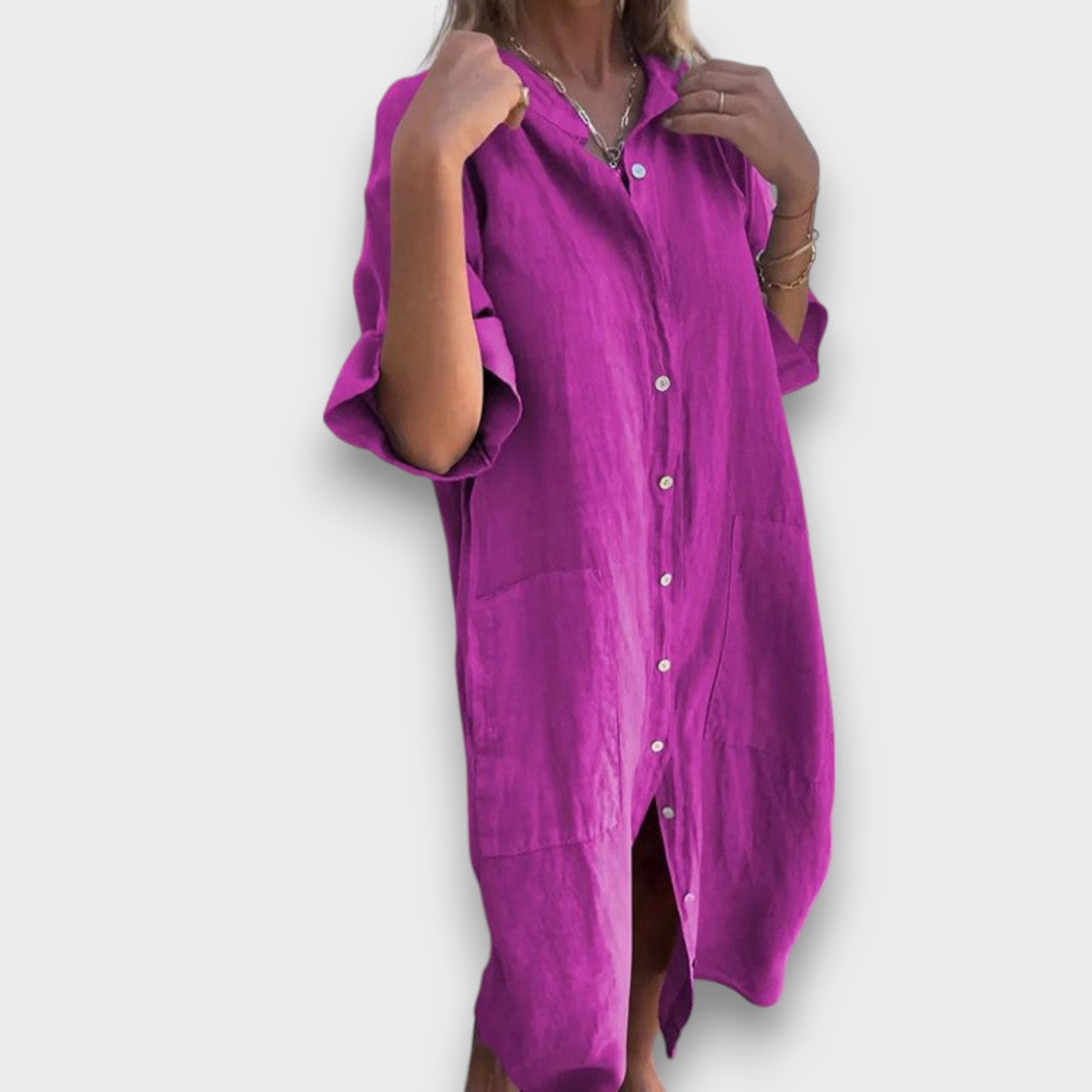 Lininis Suknelė su Mygtukais ir Kišenėmis