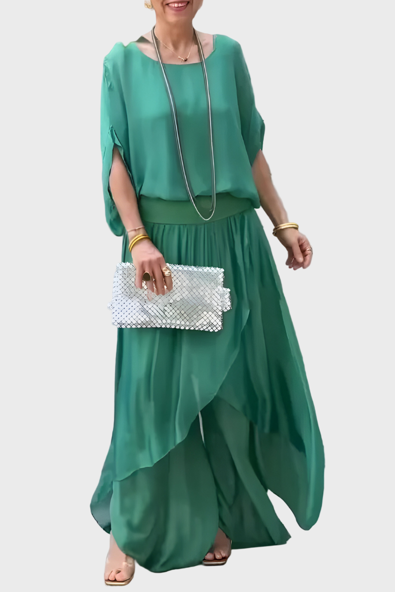 Plačios viršutinės dalies ir suplėšytos kelnės – dviejų dalių sijonas iš šifono