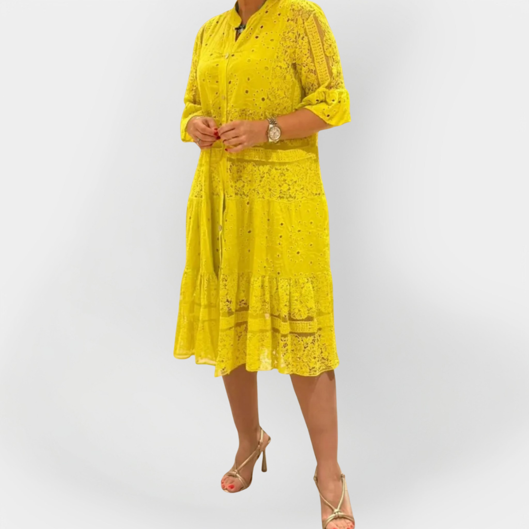 Nėriniuotas Suknelė su Rankovėmis ir Priekiniais Mygtukais