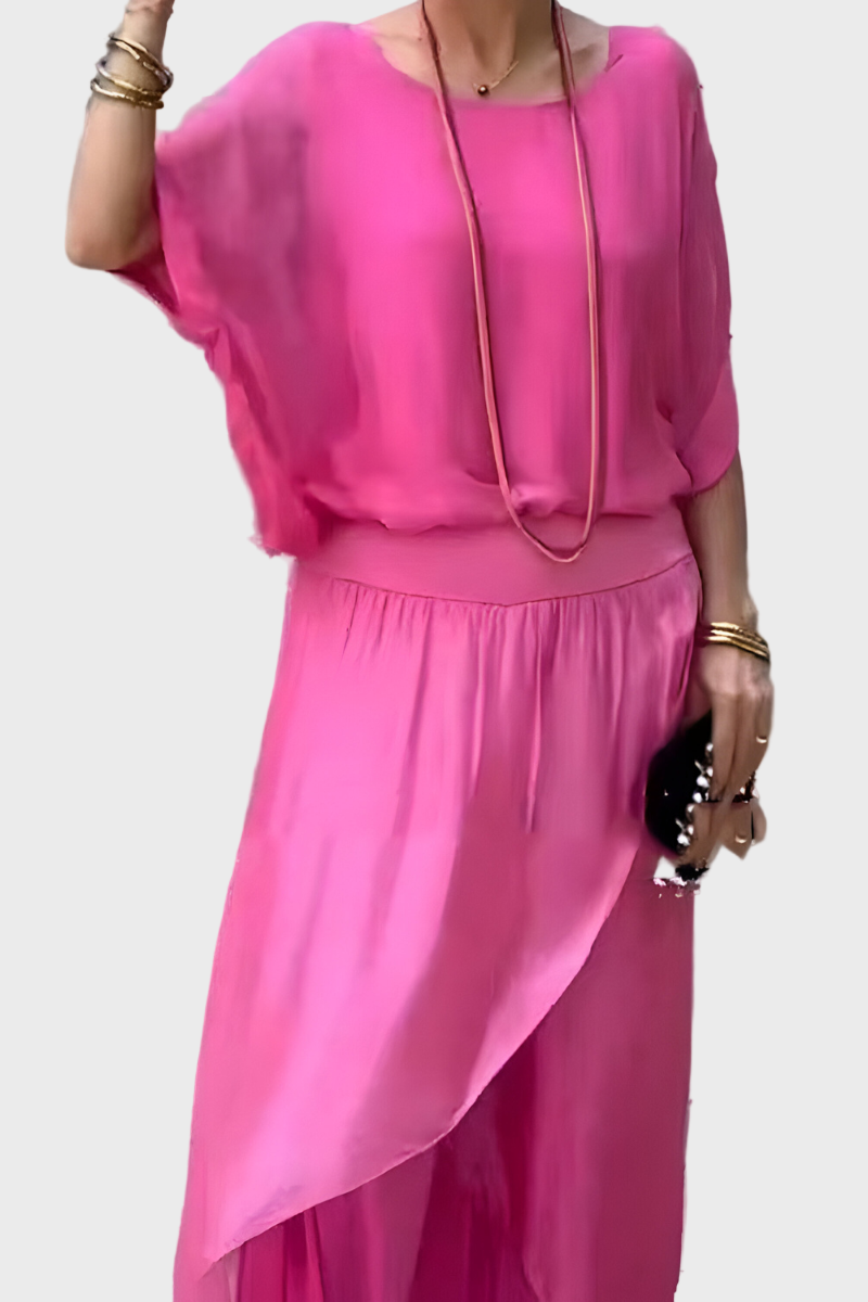 Plačios viršutinės dalies ir suplėšytos kelnės – dviejų dalių sijonas iš šifono