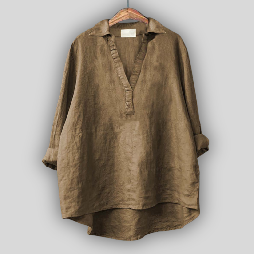 Balta lino palaidinė su V formos iškirpte