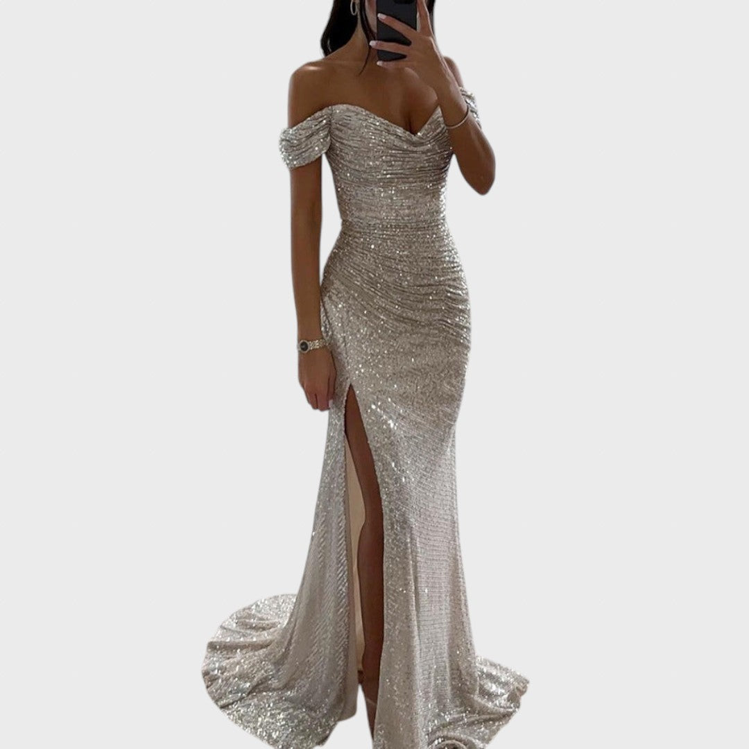 Kamila | Moteriška blizgi suknelė nuogu pečiu