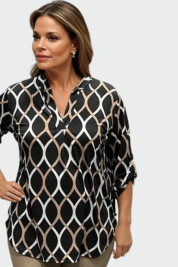 Klasikinė palaidinė su ilgomis rankovėmis ir elegantišku raštu