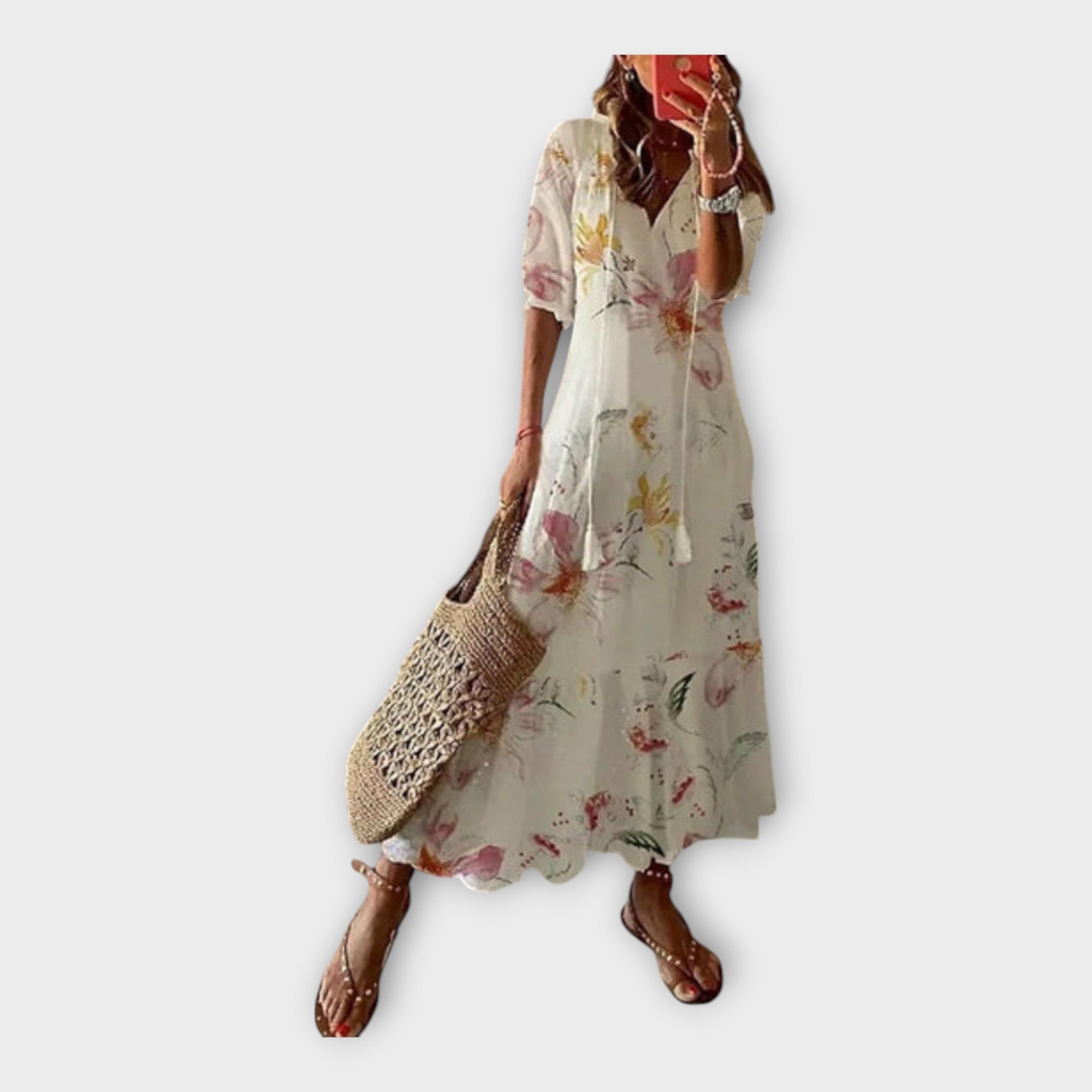 Vintažinė suknelė su Siuvinėjimu ir V formos iškirpte